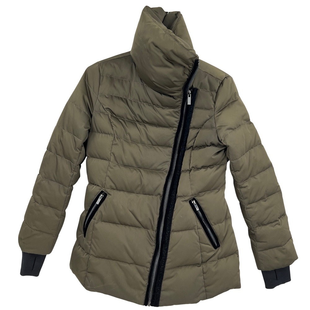 Vera Wang Womens Olive Green Down Puffer Jacket Asymmetrical Zip Funnel Neck M